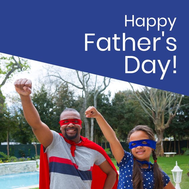 Perfect for Father's Day cards, social media posts, and advertisements celebrating the special bond between fathers and daughters. Features African American father and daughter in joyful superhero costumes, creating a fun and loving family moment.