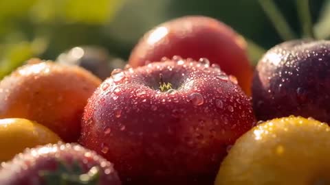 Cinematic macro video of red apple glistening with dew among ripe plums and apricots
