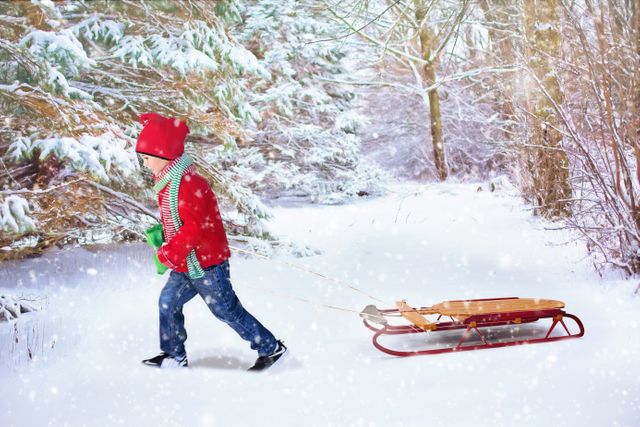 Young child in red coat and green mittens pulling red sleigh through snowy forest, exploring winter scene. Ideal for holiday-themed projects, winter sports advertisements, seasonal greetings, or children's activities promotions.