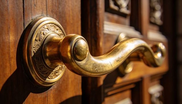 Glinting brass lever handle reflecting light on carved wooden door with ornate rosette