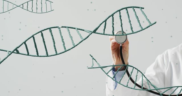 Image depicts a doctor using a stethoscope to examine a DNA helix, symbolizing the intersection of healthcare and genetic research. It is ideal for use in articles or promotional materials related to genetic testing, medical innovations, healthcare advancements, and biomedical research.