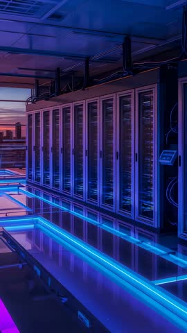 Vertical tech video featuring glowing server racks and neon LED corridor with city skyline