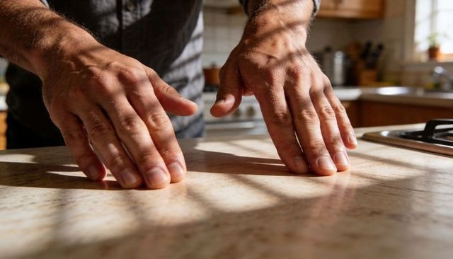 Male hands pressing on sunlit kitchen countertop by gas cooktop, sleeves pushed up