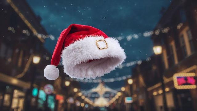 Floating santa hat over festive main street at night, snow falling and holiday lights
