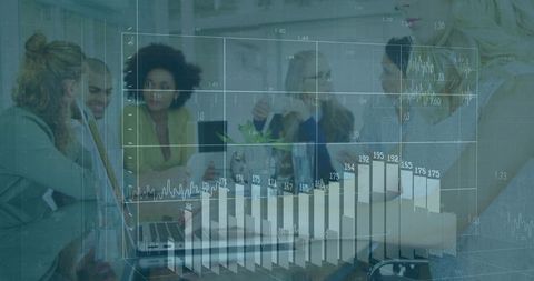 Diverse team collaborating at boardroom table with financial charts and analytics overlay