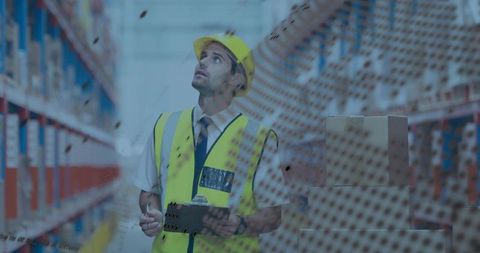 Warehouse inspector wearing high-visibility vest and hard hat conducting rack inspection