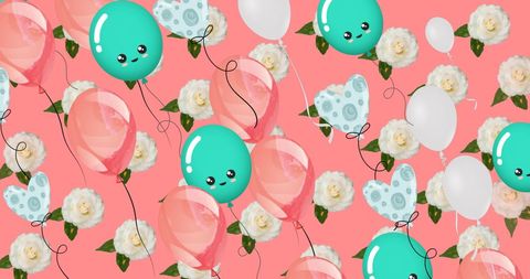 Playful balloons and roses pattern on pink background