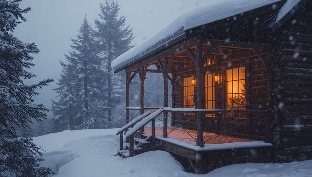 Cozy glowing log cabin spilling warm amber light onto snowy porch in misty pine forest