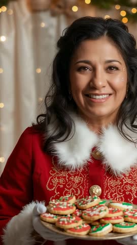 Vertical video: Smiling baker presenting festive Christmas cookies in embroidered red coat