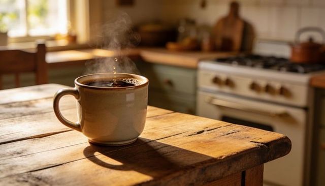 Steaming coffee mug on rustic wooden table in sunlit farmhouse kitchen morning