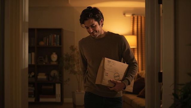 Smiling man carrying package into cozy living room with warm lamp glow evening delivery