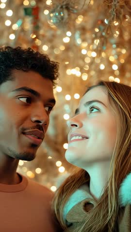Couple Glancing and Leaning toward Camera amid Twinkling Holiday Lights — Vertical Video