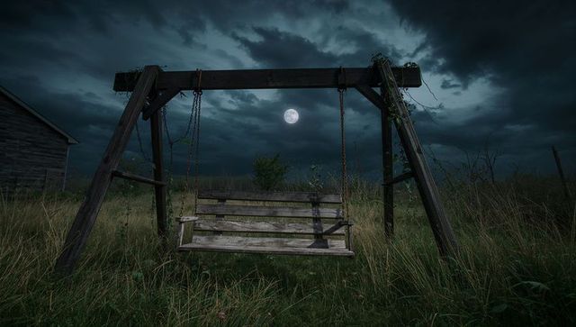 Solitary Wooden Swing in Moonlit, Overgrown Field