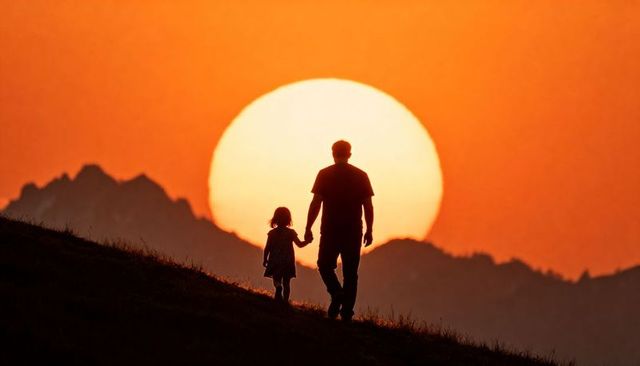 Sunset silhouette father and daughter walking hand in hand toward sun over mountain ridge