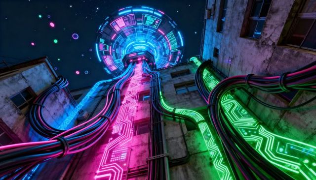 Glowing neon shaft connecting hovering data array with pulsing circuit cables under night sky