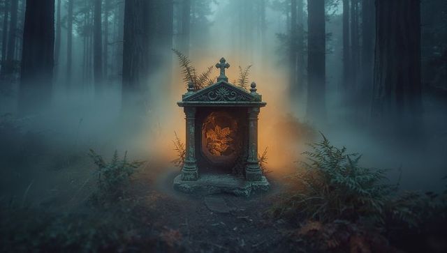 Ethereal Stone Shrine Glowing in Misty Enchanted Forest