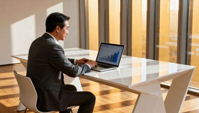 Midcareer asian executive analyzing rising sales chart on laptop in sunlit office
