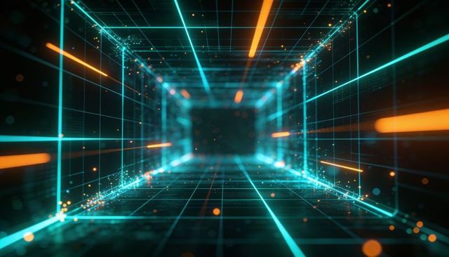 Neon wireframe tunnel streaming through futuristic virtual corridor with motion particles