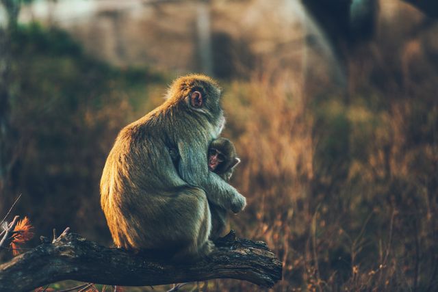 This image captures a tender moment between a mother monkey and her baby, sitting together on a tree branch in a forest. The evening sun casts a warm, golden light on they. This picture could be used in articles about animal behavior, maternal instincts in nature, wildlife documentaries, educational materials on primates, or promotional content highlighting natural reserves and wildlife habitats.