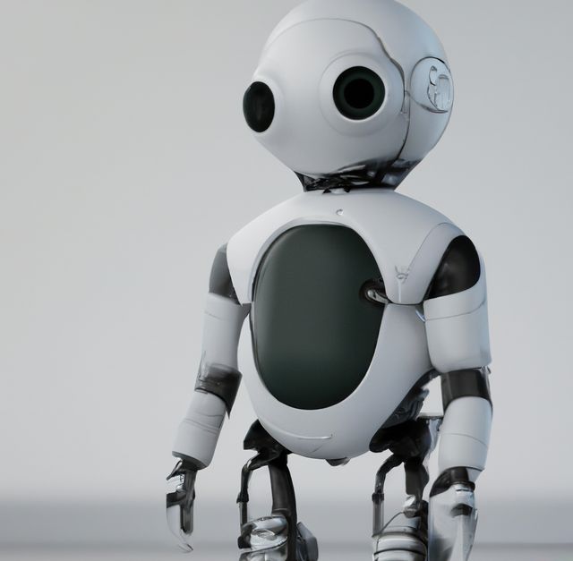 Image of side view of white robot with copy space on grey background. Artificial intelligence and robots concept.