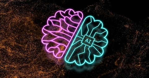Human brain and ai contrast with neon glow digital concept