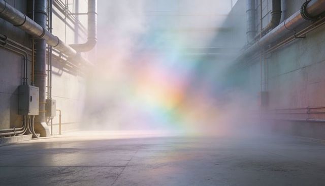 Glowing prism mist filling industrial hall with rainbow light beams and sunlit pipes