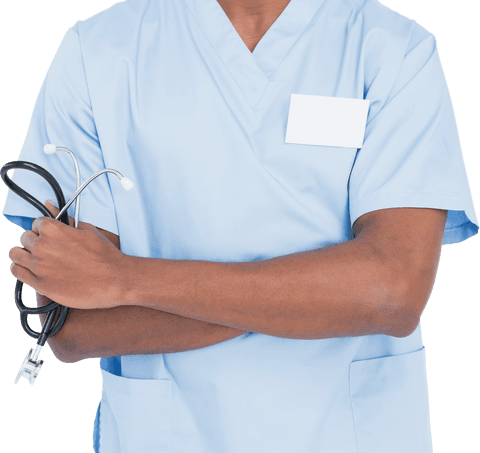 Transparent Medical Professional Holding Stethoscope with Blue Scrubs