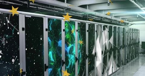 Cosmic panel server cabinets in futuristic data center