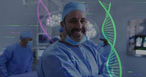 Smiling Surgeon in Operating Room with DNA Graphics Overlay