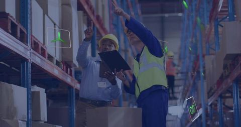 Warehouse team using augmented reality tools for inventory tracking and safety inspections