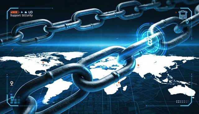 Blockchain Security Concept Showing Metal Chain Over World Map with Bitcoin Hologram HUD