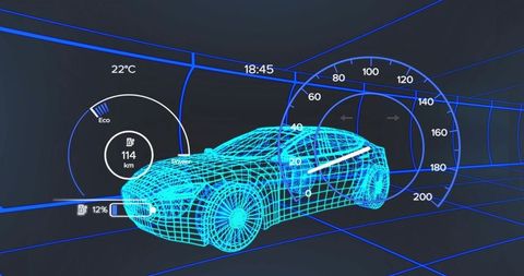 Futuristic wireframe car navigating digital tunnel