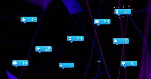 Glowing blue social media notification badges floating over neon network visualization