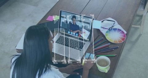 Creative home office virtual meeting with design tools