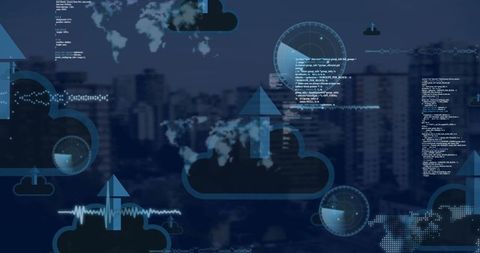 Cloud Computing Concept with Data Interfaces and Cityscape - Download Free Stock Images Pikwizard.com