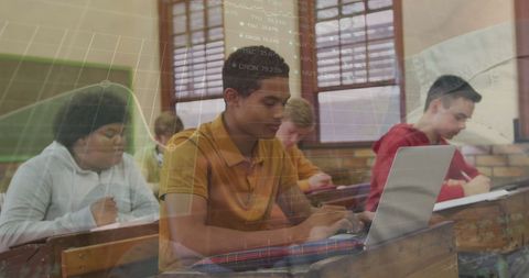 Diverse Students Using Laptop with Data Overlay