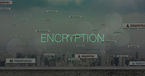 Neon encryption overlay on cyberpunk cityscape with floating data labels and locks
