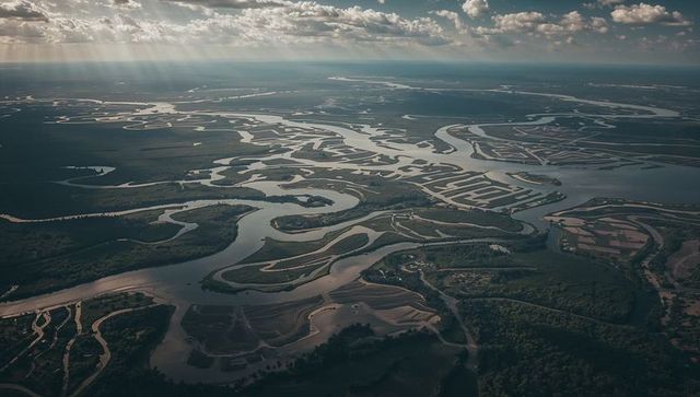Aerial view revealing braided tidal channels winding through coastal estuary salt pans