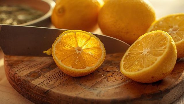 Sunlit halved citrus on worn wooden cutting board with chef knife and juicy texture