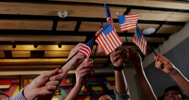 Group of People Celebrating with American Flags Indoors - Download Free Stock Images Pikwizard.com