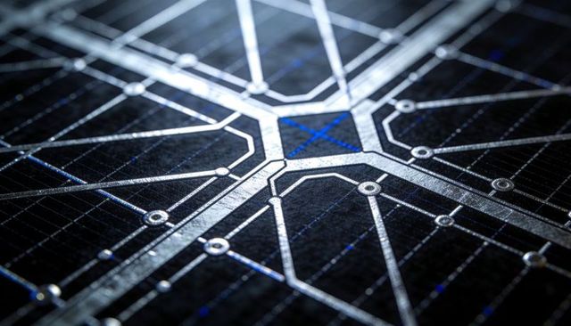 Macro metallic circuit junction reflecting light with blue pad and plated traces close-up
