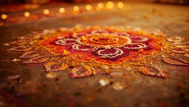 Entrancing diwali rangoli design with diyas and marigold petals