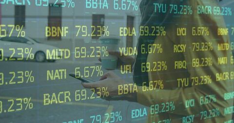 Urban professional holding coffee and smartphone with financial stock ticker overlay data