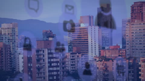 Futuristic Cityscape with Digital Technology Icons Overlay