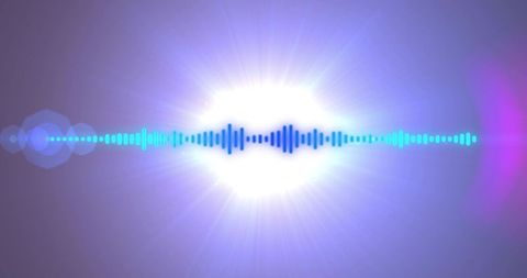 Futuristic pulsing cyan audio waveform emitting radial light burst with neon lens flare