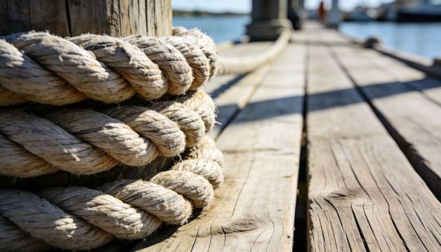 Thick mooring rope wrapped around weathered dock piling showing sunlit wood grain harbor