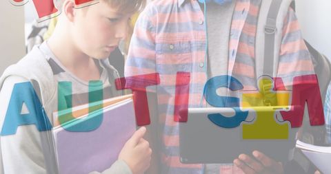 Children engaged with tablet overlaid with autism awareness puzzle
