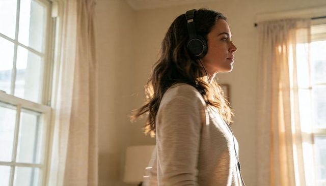 Listening woman wearing headphones standing by sunlit multi-pane window in minimalist home