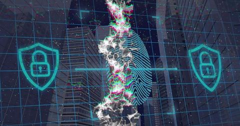 Fingerprint Biometric Security Overlaid on Urban Skyline