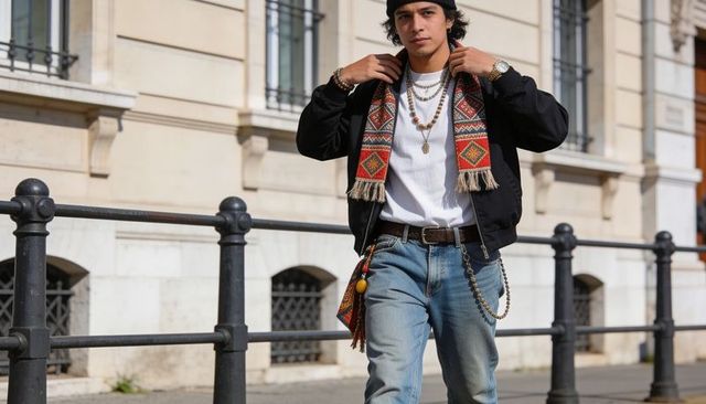 Urban street style: young man walking with fringed scarf, bomber jacket, layered necklaces